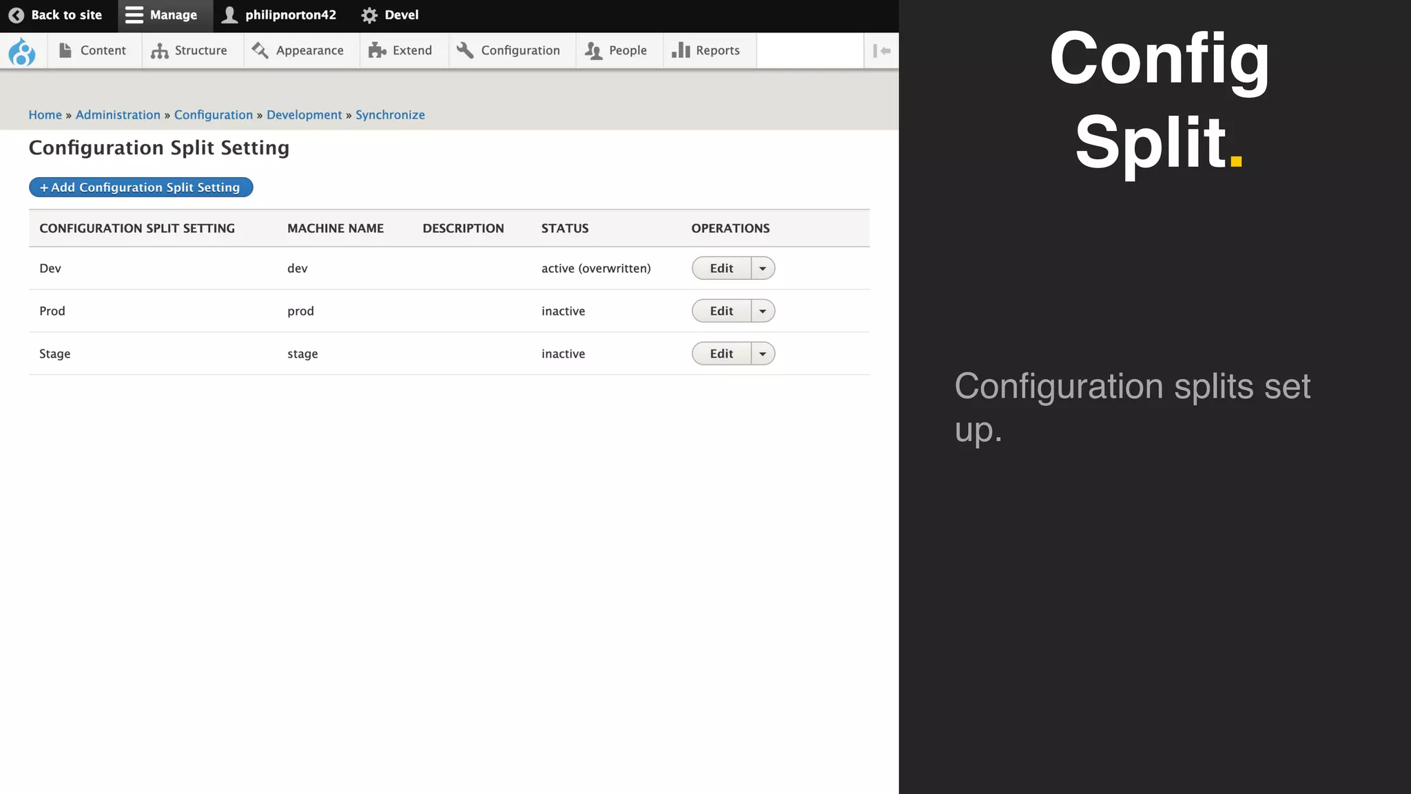 Config
Split.
Configuration splits set
up.
 