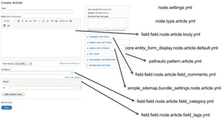 node.settings.yml
node.type.article.yml
pathauto.pattern.article.yml
simple_sitemap.bundle_settings.node.article.yml
core.entity_form_display.node.article.default.yml
field.field.node.article.body.yml
field.field.node.article.field_category.yml
field.field.node.article.field_comments.yml
field.field.node.article.field_tags.yml
 