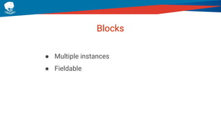 Blocks
● Multiple instances
● Fieldable
 