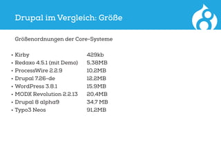 Drupal im Vergleich: Größe
	 Größenordnungen der Core-Systeme
•	Kirby 						429kb
•	Redaxo 4.5.1 (mit Demo)	 5,38MB
•	ProcessWire 2.2.9			10,2MB
•	Drupal 7.26-de				12,2MB
•	WordPress 3.8.1				15,9MB
•	MODX Revolution 2.2.13	 20,4MB
•	Drupal 8 alpha9			 34,7 MB
•	Typo3 Neos					91,2MB
 