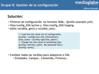 Drupal 8: Gestión de la configuración
Solución:
• Ficheros de configuración en formato YAML. (prefix.example.yml)
• files/...