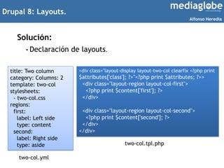Drupal 8: Layouts.
Solución:
title: Two column
category: Columns: 2
template: two-col
stylesheets:
- two-col.css
regions:
...