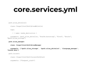 core.services.yml
path.alias_whitelist:
class: DrupalCorePathAliasWhitelist
tags:
- { name: needs_destruction }
arguments: [path_alias_whitelist, '@cache.bootstrap', '@lock', '@state',
'@path.alias_storage']
path.alias_manager:
class: DrupalCorePathAliasManager
arguments: ['@path.alias_storage', '@path.alias_whitelist', '@language_manager',
'@cache.data']
path.current:
class: DrupalCorePathCurrentPathStack
arguments: ['@request_stack']
 
