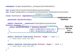 namespace Drupalpcapredict_integrationPcaPredict;
use DrupalCoreConfigConfigFactoryInterface;
use Drupalpcapredict_integrationPcaPredictPcaPredictInterface;
class PcaPredict implements PcaPredictInterface {
protected $pcaPredictKey;
public function __construct(ConfigFactoryInterface
$config_factory) {
$this->pcaPredictKey = $config_factory
->get('pcapredict.settings')
->get('pcapredict_apikey');
}
public function find(array $values, $type = 'json') {
// Load data from the API.
}
public function retrieve(array $values, $type = 'json') {
// Load data from the API.
}
}
Implements our
interface
Store the
API key
in a
property
 