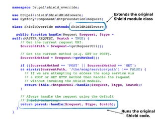 namespace Drupalshield_override;
use DrupalshieldShieldMiddleware;
use SymfonyComponentHttpFoundationRequest;
class ShieldOverride extends ShieldMiddleware {
public function handle(Request $request, $type =
self::MASTER_REQUEST, $catch = TRUE) {
// Get the current request URI.
$currentPath = $request->getRequestUri();
// Get the current method (e.g. GET or POST).
$currentMethod = $request->getMethod();
if (($currentMethod == 'POST' || $currentMethod == 'GET')
&& strstr($currentPath, '/the/soap/service/path') !== FALSE) {
// If we are attempting to access the soap service via
// a POST or GET HTTP method then handle the request
// without invoking the Shield module.
return $this->httpKernel->handle($request, $type, $catch);
}
// Always handle the request using the default
// Shield behaviour.
return parent::handle($request, $type, $catch);
}
}
Extends the original
Shield module class
Runs the original
Shield code.
 