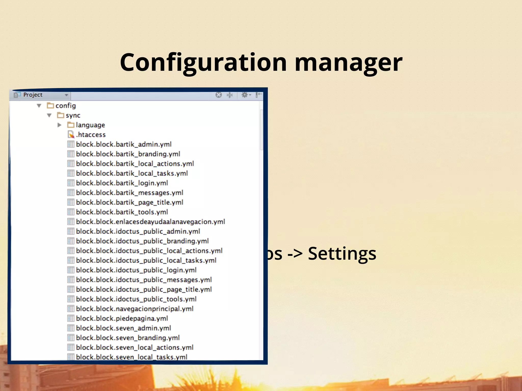 Conﬁguration manager
Impresiones
1. ¡Funciona!
2. ¡Funciona bien!
3. Overrides entre entornos -> Settings
4. ¿Menús?
5. Un poco caos
 