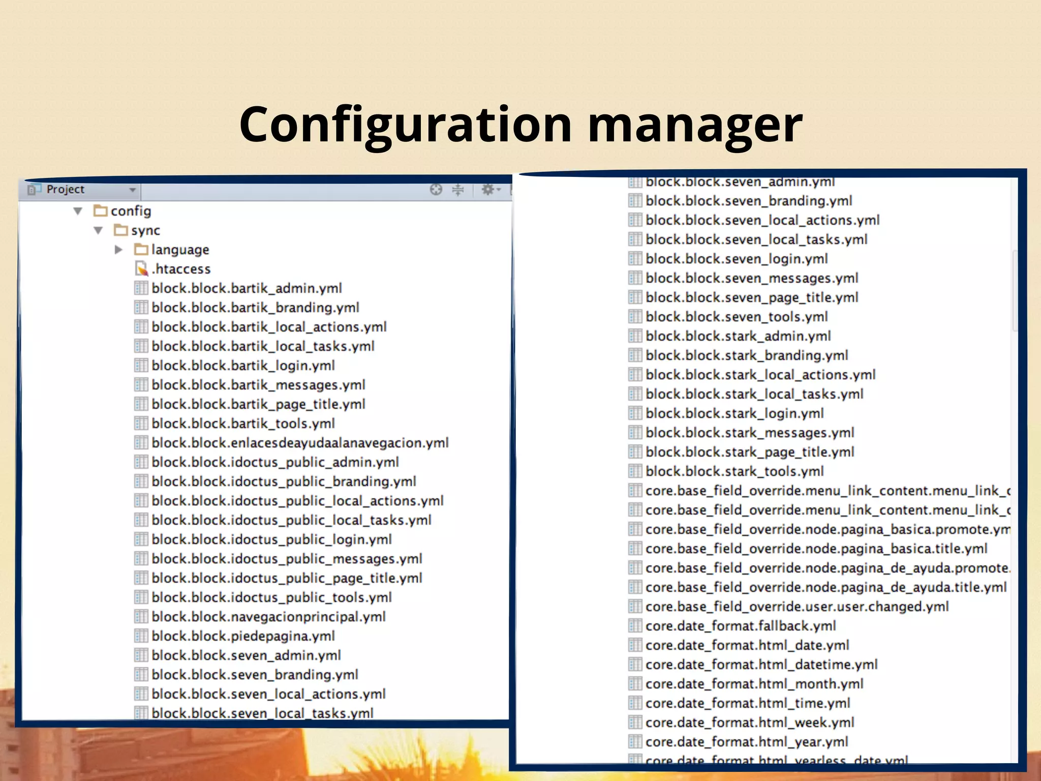 Conﬁguration manager
Impresiones
1. ¡Funciona!
2. ¡Funciona bien!
3. Overrides entre entornos -> Settings
4. ¿Menús?
5. Un poco caos
 