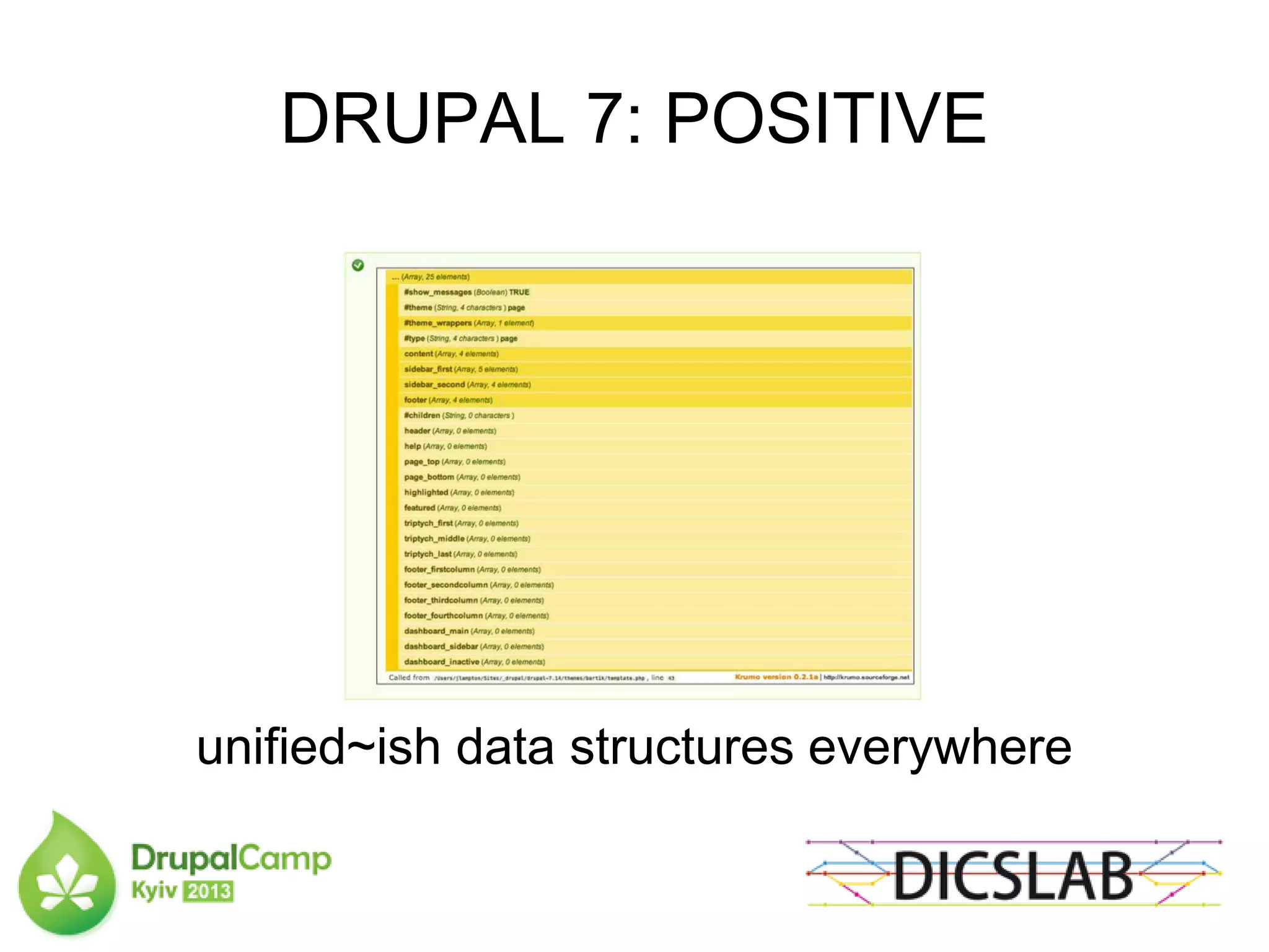 DRUPAL 7: POSITIVE
unified~ish data structures everywhere
 