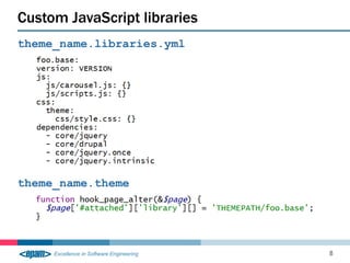Custom JavaScript libraries
8
theme_name.libraries.yml
theme_name.theme
 