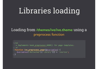 Loading from /themes/ive/ive.theme using a
preprocess fonction
Libraries loading
 