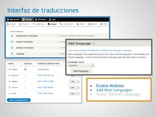 Interfaz de traducciones
● Enable Modules
● Add New Languages
● Select Default Language
 