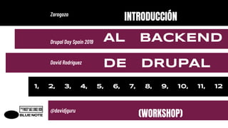 INTRODUCCIÓN
AL BACKEND
DE DRUPAL
(WORKSHOP)
Zaragoza
Drupal Day Spain 2019
David Rodríguez
@davidjguru
1, 2, 3, 4, 5, 6, 7, 8, 9, 10, 11, 12
 