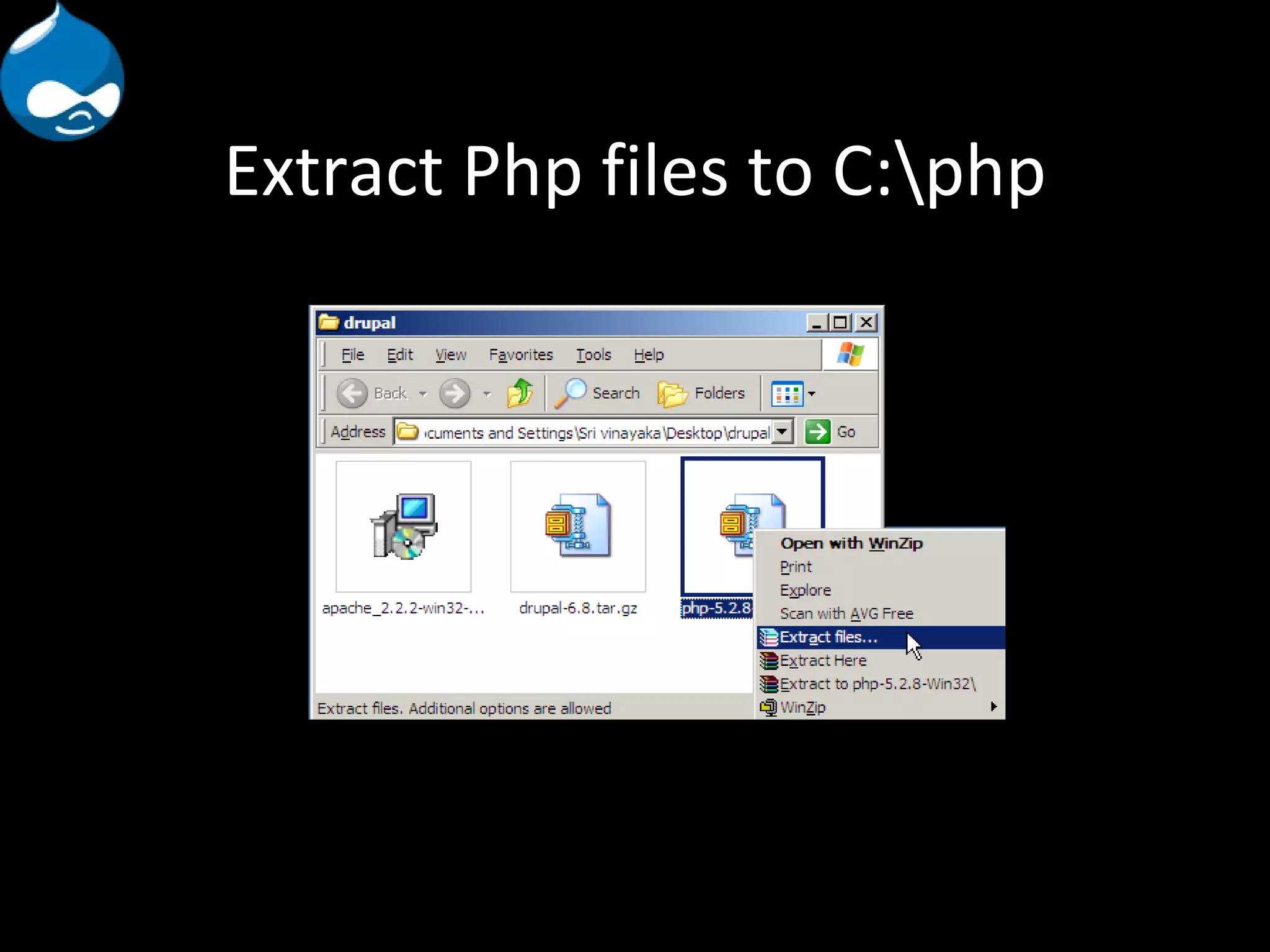 Extract Php files to C:\php 