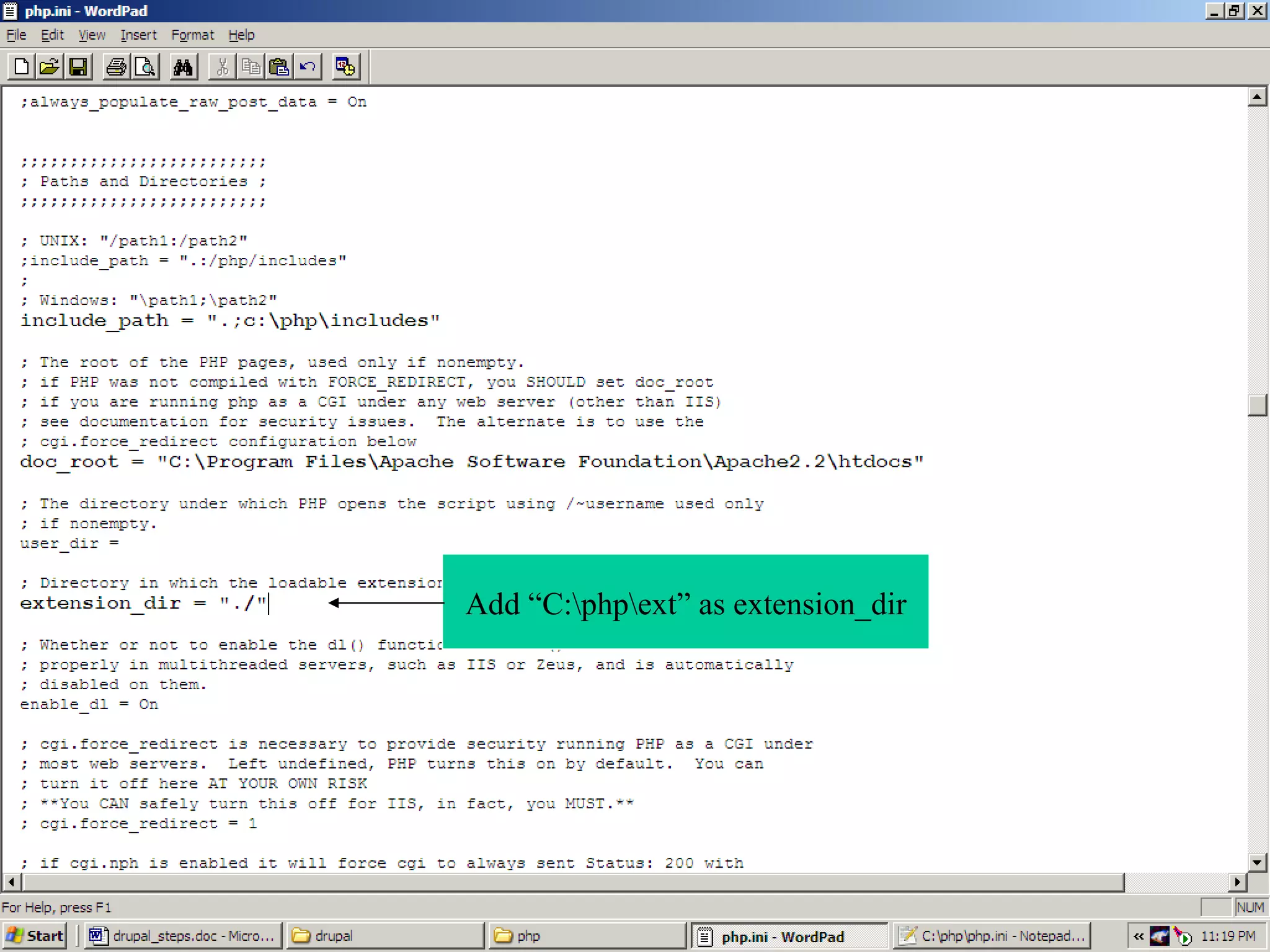 Add “C:\php\ext” as extension_dir 