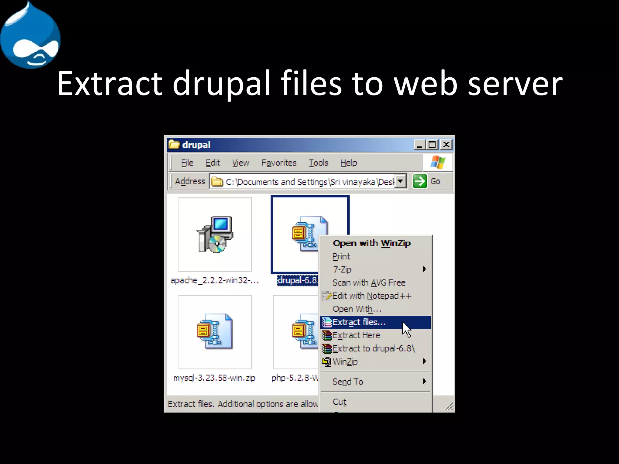 Extract drupal files to web server 