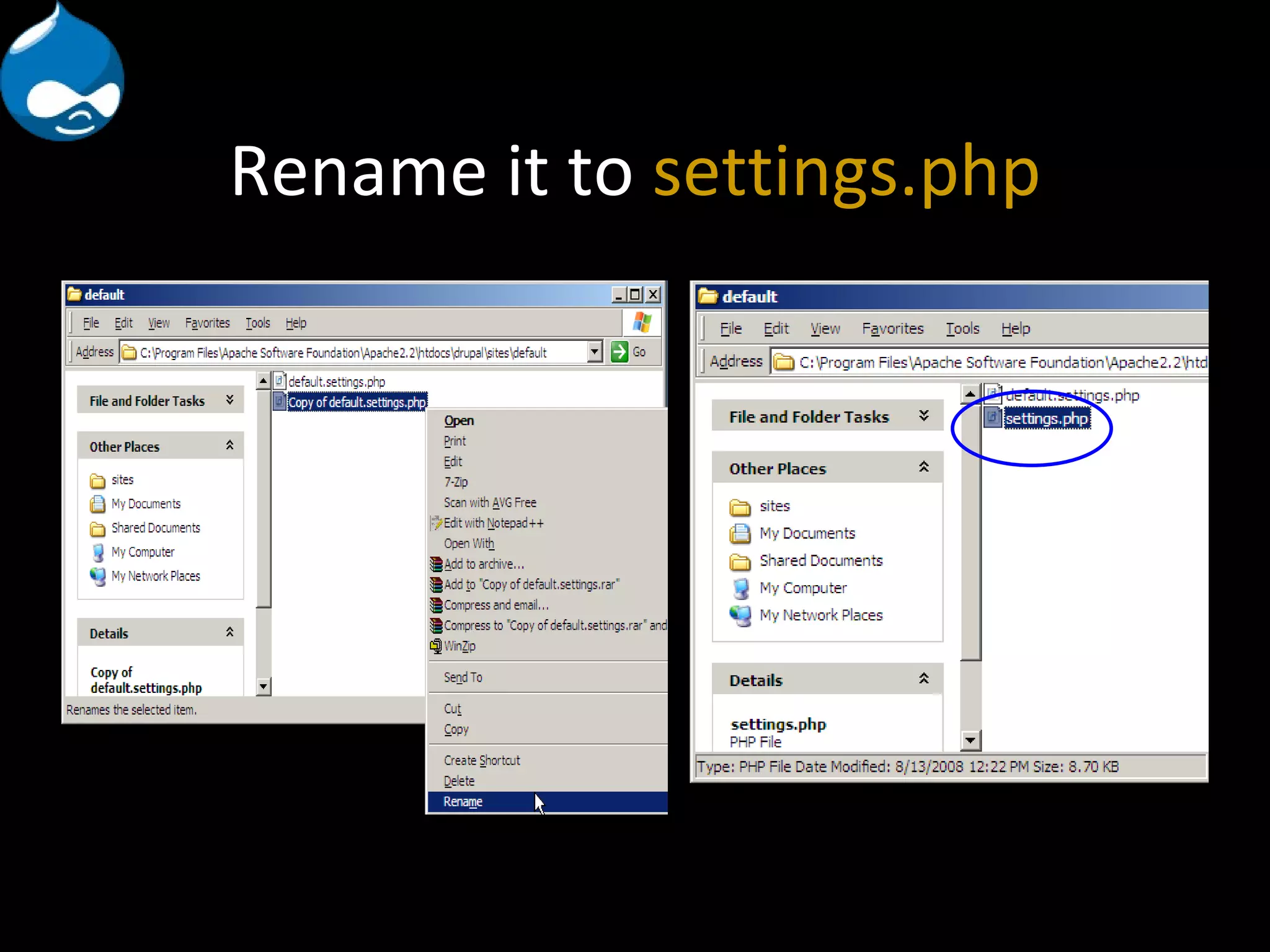 Rename it to settings.php 