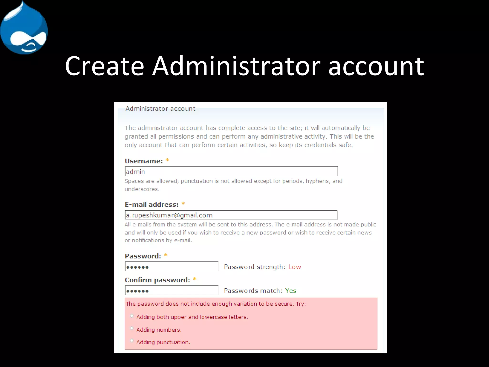 Create Administrator account 