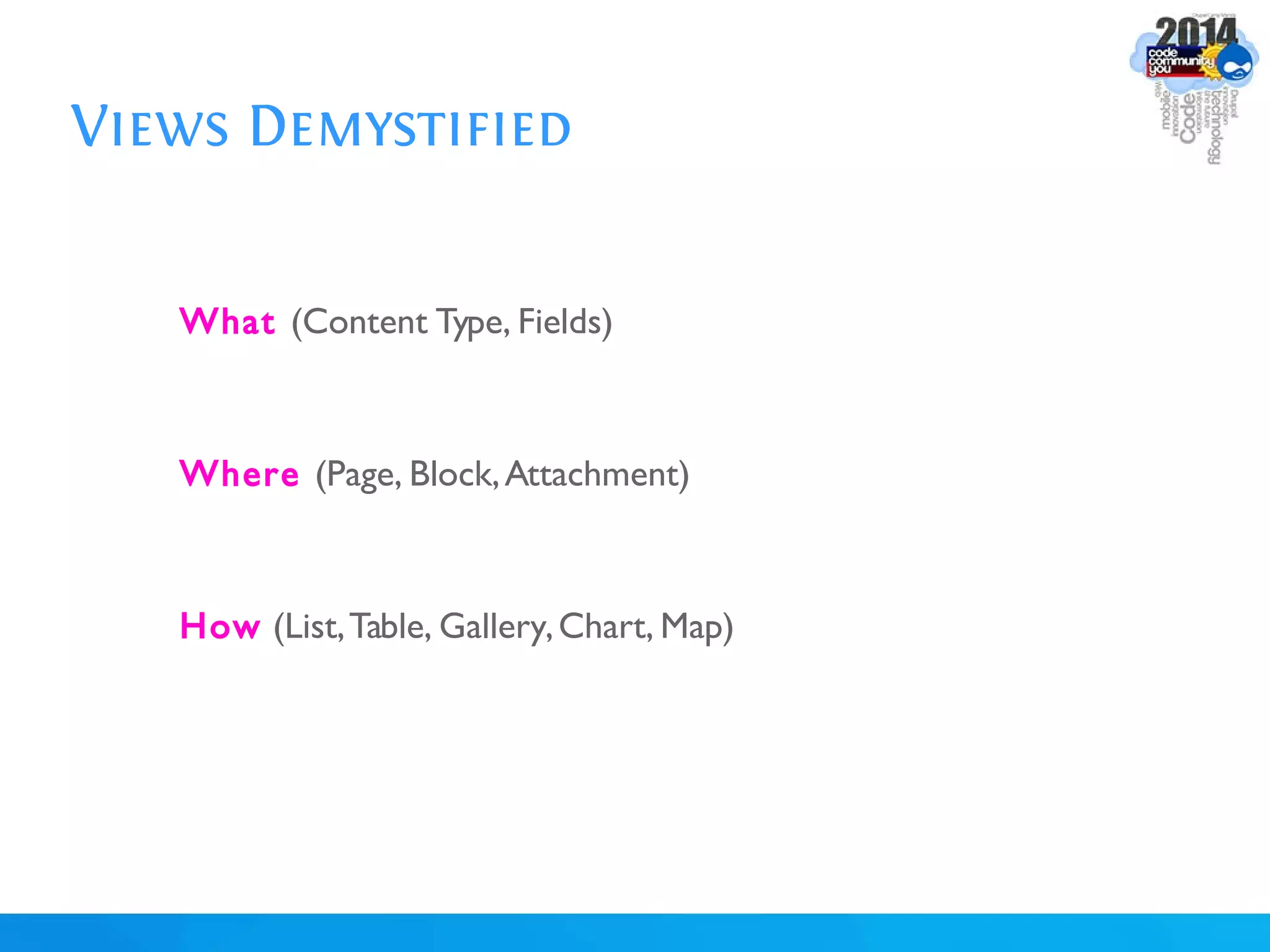 Views Demystified
What (Content Type, Fields)
Where (Page, Block,Attachment)
How (List,Table, Gallery,Chart, Map)
 