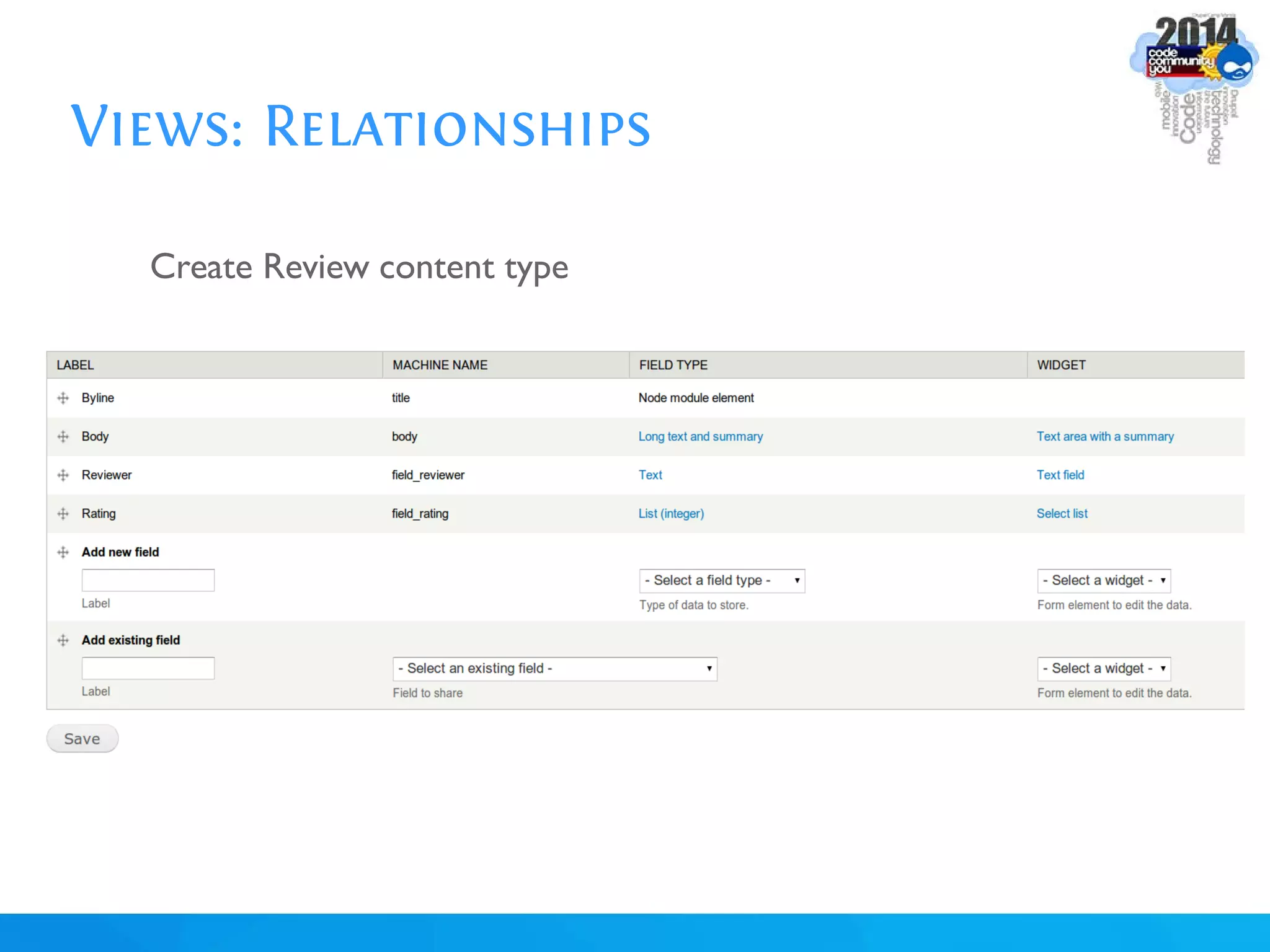 Views: Relationships
Create Review content type
 