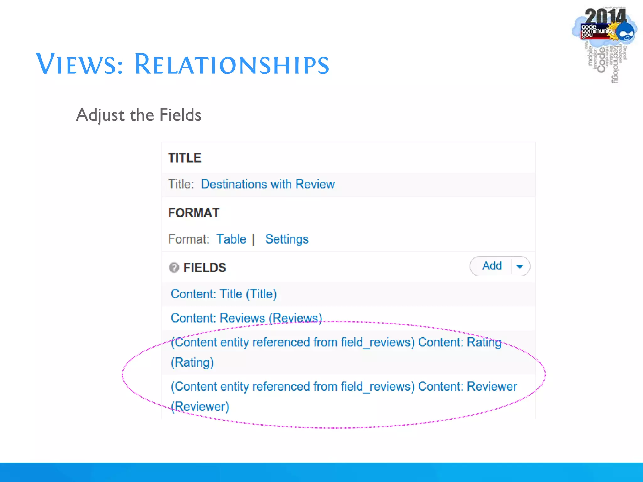 Views: Relationships
Adjust the Fields
 