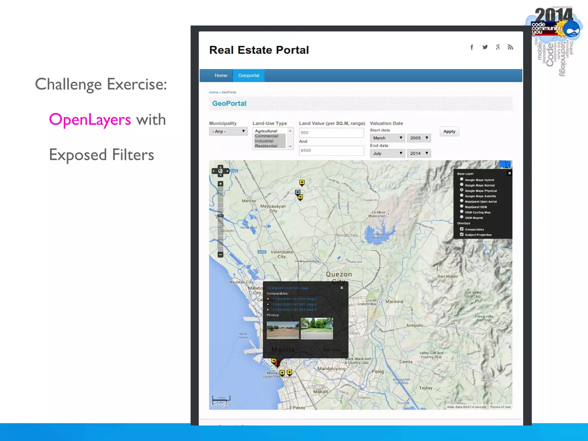 Challenge Exercise:
OpenLayers with
Exposed Filters
 