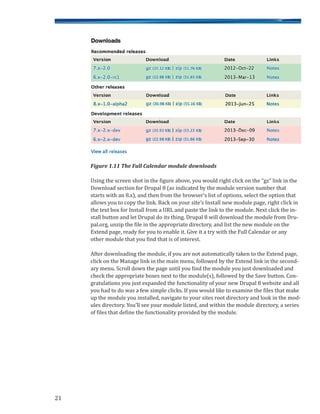 Figure 1.11 The Full Calendar module downloads
Using the screen shot in the figure above, you would right click on the “gz” link in the
Download section for Drupal 8 (as indicated by the module version number that
starts with an 8.x), and then from the browser’s list of options, select the option that
allows you to copy the link. Back on your site’s Install new module page, right click in
the text box for Install from a URL and paste the link to the module. Next click the in-
stall button and let Drupal do its thing. Drupal 8 will download the module from Dru-
pal.org, unzip the file in the appropriate directory, and list the new module on the
Extend page, ready for you to enable it. Give it a try with the Full Calendar or any
other module that you find that is of interest.
After downloading the module, if you are not automatically taken to the Extend page,
click on the Manage link in the main menu, followed by the Extend link in the second-
ary menu. Scroll down the page until you find the module you just downloaded and
check the appropriate boxes next to the module(s), followed by the Save button. Con-
gratulations you just expanded the functionality of your new Drupal 8 website and all
you had to do was a few simple clicks. If you would like to examine the files that make
up the module you installed, navigate to your sites root directory and look in the mod-
ules directory. You’ll see your module listed, and within the module directory, a series
of files that define the functionality provided by the module.
21
 