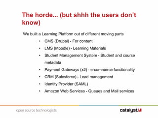 The horde... (but shhh the users don’t
know)
We built a Learning Platform out of different moving parts
• CMS (Drupal) - For content
• LMS (Moodle) - Learning Materials
• Student Management System - Student and course
metadata
• Payment Gateways (x2) - e-commerce functionality
• CRM (Salesforce) - Lead management
• Identity Provider (SAML)
• Amazon Web Services - Queues and Mail services
 
