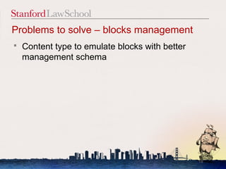Problems to solve – blocks management
   Content type to emulate blocks with better
    management schema




                                                 18
 