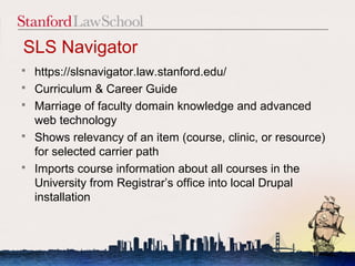 SLS Navigator
   https://slsnavigator.law.stanford.edu/
   Curriculum & Career Guide
   Marriage of faculty domain knowledge and advanced
    web technology
   Shows relevancy of an item (course, clinic, or resource)
    for selected carrier path
   Imports course information about all courses in the
    University from Registrar’s office into local Drupal
    installation



                                                         19
 