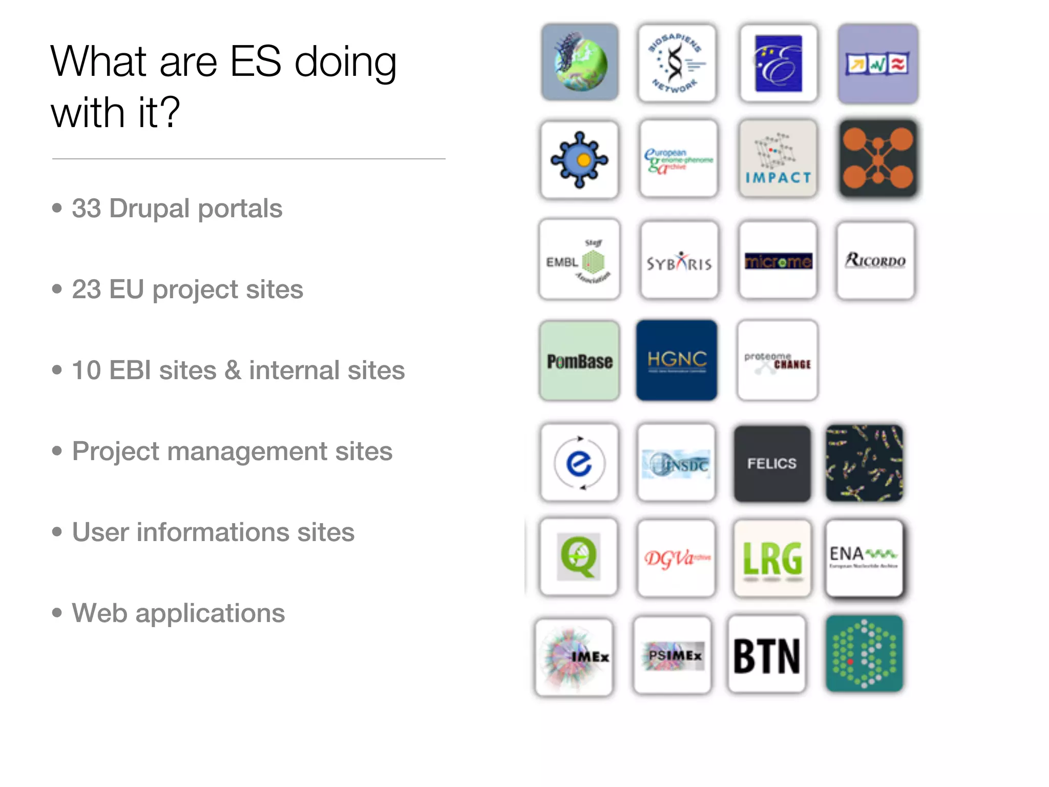 What are ES doing
with it?

• 33 Drupal portals


• 23 EU project sites


• 10 EBI sites & internal sites


• Project management sites


• User informations sites


• Web applications
 
