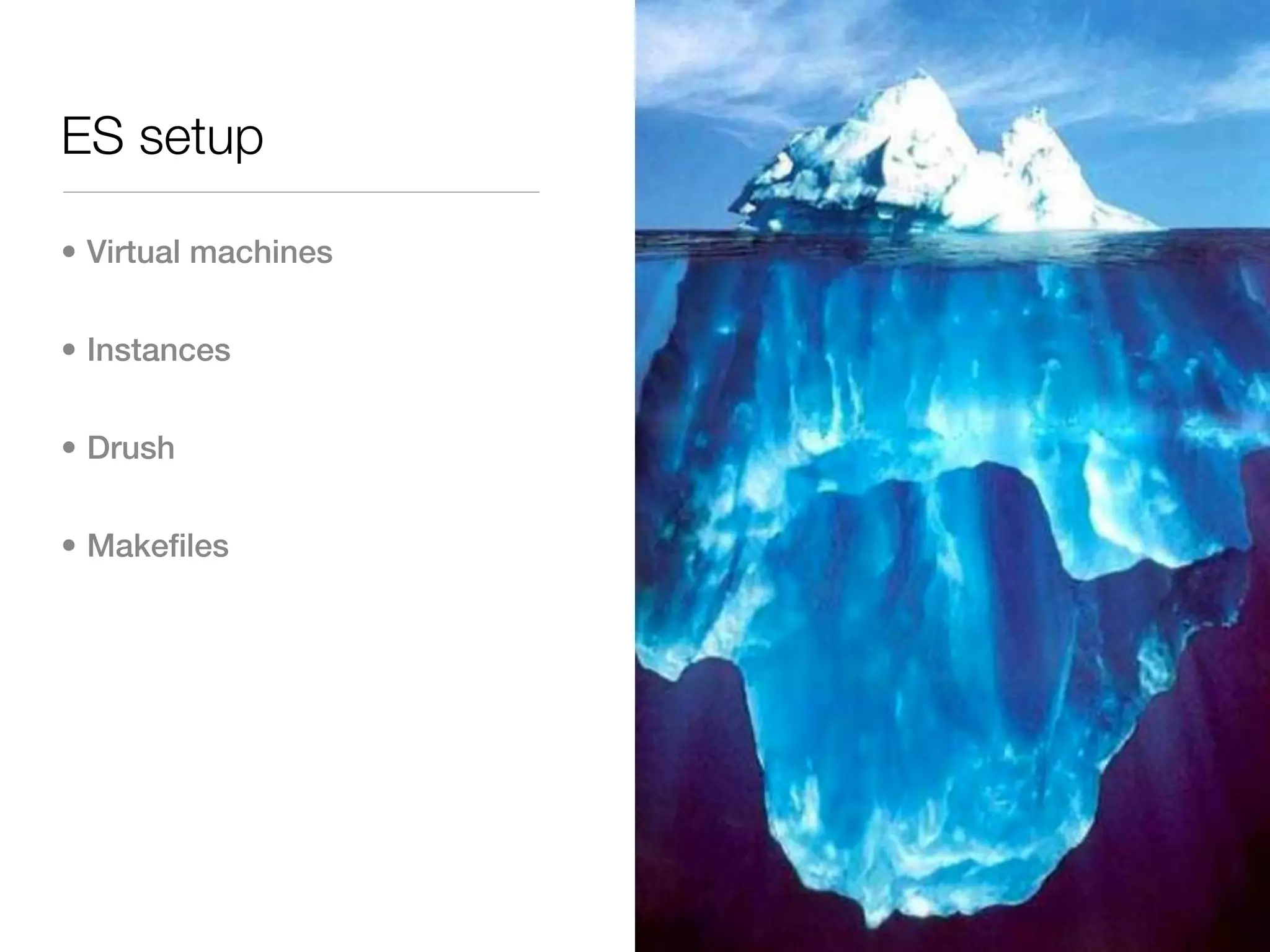 ES setup

• Virtual machines


• Instances


• Drush


• Makefiles
 