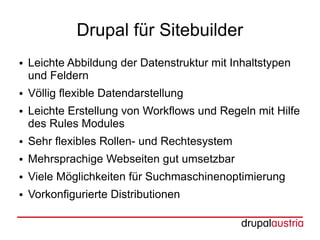 Drupal für Sitebuilder
●   Leichte Abbildung der Datenstruktur mit Inhaltstypen
    und Feldern
●   Völlig flexible Datendarstellung
●   Leichte Erstellung von Workflows und Regeln mit Hilfe
    des Rules Modules
●   Sehr flexibles Rollen- und Rechtesystem
●   Mehrsprachige Webseiten gut umsetzbar
●   Viele Möglichkeiten für Suchmaschinenoptimierung
●   Vorkonfigurierte Distributionen
 