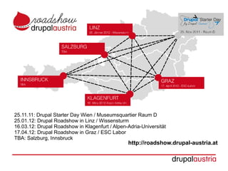 25.11.11: Drupal Starter Day Wien / Museumsquartier Raum D
25.01.12: Drupal Roadshow in Linz / Wissensturm
16.03.12: Drupal Roadshow in Klagenfurt / Alpen-Adria-Universität
17.04.12: Drupal Roadshow in Graz / ESC Labor
TBA: Salzburg, Innsbruck
                                                http://roadshow.drupal-austria.at
 