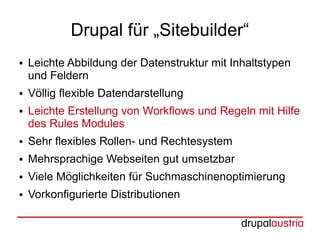 Drupal für „Sitebuilder“
●   Leichte Abbildung der Datenstruktur mit Inhaltstypen
    und Feldern
●   Völlig flexible Datendarstellung
●   Leichte Erstellung von Workflows und Regeln mit Hilfe
    des Rules Modules
●   Sehr flexibles Rollen- und Rechtesystem
●   Mehrsprachige Webseiten gut umsetzbar
●   Viele Möglichkeiten für Suchmaschinenoptimierung
●   Vorkonfigurierte Distributionen
 