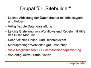 Drupal für „Sitebuilder“
●   Leichte Abbildung der Datenstruktur mit Inhaltstypen
    und Feldern
●   Völlig flexible Datendarstellung
●   Leichte Erstellung von Workflows und Regeln mit Hilfe
    des Rules Modules
●   Sehr flexibles Rollen- und Rechtesystem
●   Mehrsprachige Webseiten gut umsetzbar
●   Viele Möglichkeiten für Suchmaschinenoptimierung
●   Vorkonfigurierte Distributionen
 