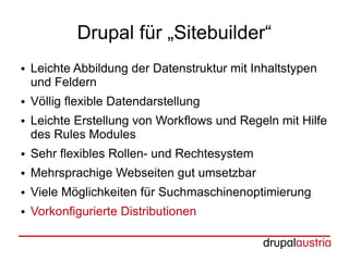 Drupal für „Sitebuilder“
●   Leichte Abbildung der Datenstruktur mit Inhaltstypen
    und Feldern
●   Völlig flexible Datendarstellung
●   Leichte Erstellung von Workflows und Regeln mit Hilfe
    des Rules Modules
●   Sehr flexibles Rollen- und Rechtesystem
●   Mehrsprachige Webseiten gut umsetzbar
●   Viele Möglichkeiten für Suchmaschinenoptimierung
●   Vorkonfigurierte Distributionen
 