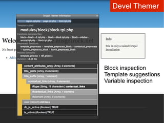 Devel Themer




Block inspection
Template suggestions
Variable inspection
 