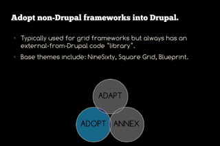 Adopt non-Drupal frameworks into Drupal.

●   Typically used for grid frameworks but always has an
    external-from-Drupal code “library”.
●   Base themes include: NineSixty, Square Grid, Blueprint.
 