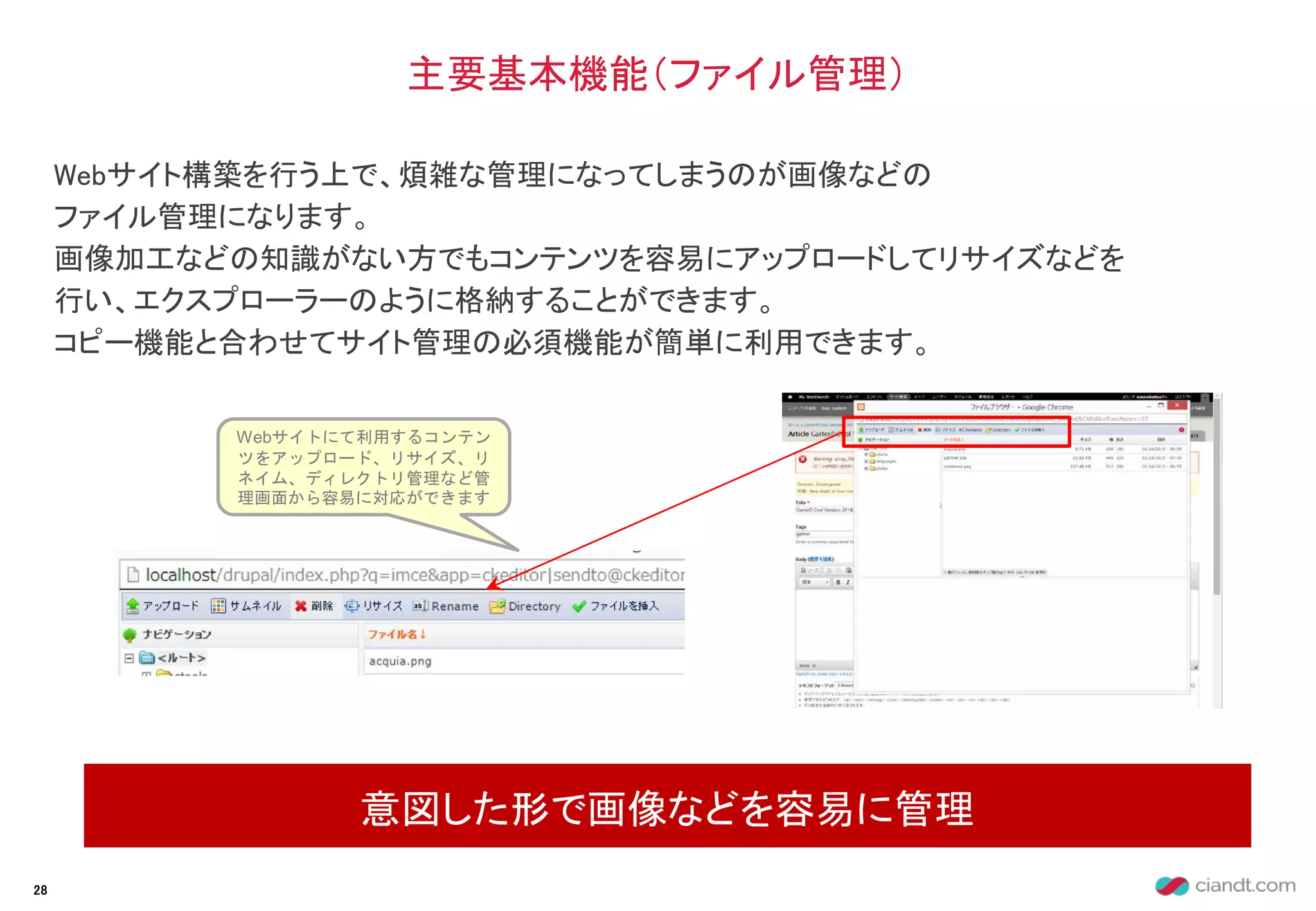 Webサイト構築を行う上で、煩雑な管理になってしまうのが画像などの
ファイル管理になります。
画像加工などの知識がない方でもコンテンツを容易にアップロードしてリサイズなどを
行い、エクスプローラーのように格納することができます。
コピー機能と合わせてサイト管理の必須機能が簡単に利用できます。
主要基本機能（ファイル管理）
意図した形で画像などを容易に管理
28
Webサイトにて利用するコンテン
ツをアップロード、リサイズ、リ
ネイム、ディレクトリ管理など管
理画面から容易に対応ができます
 