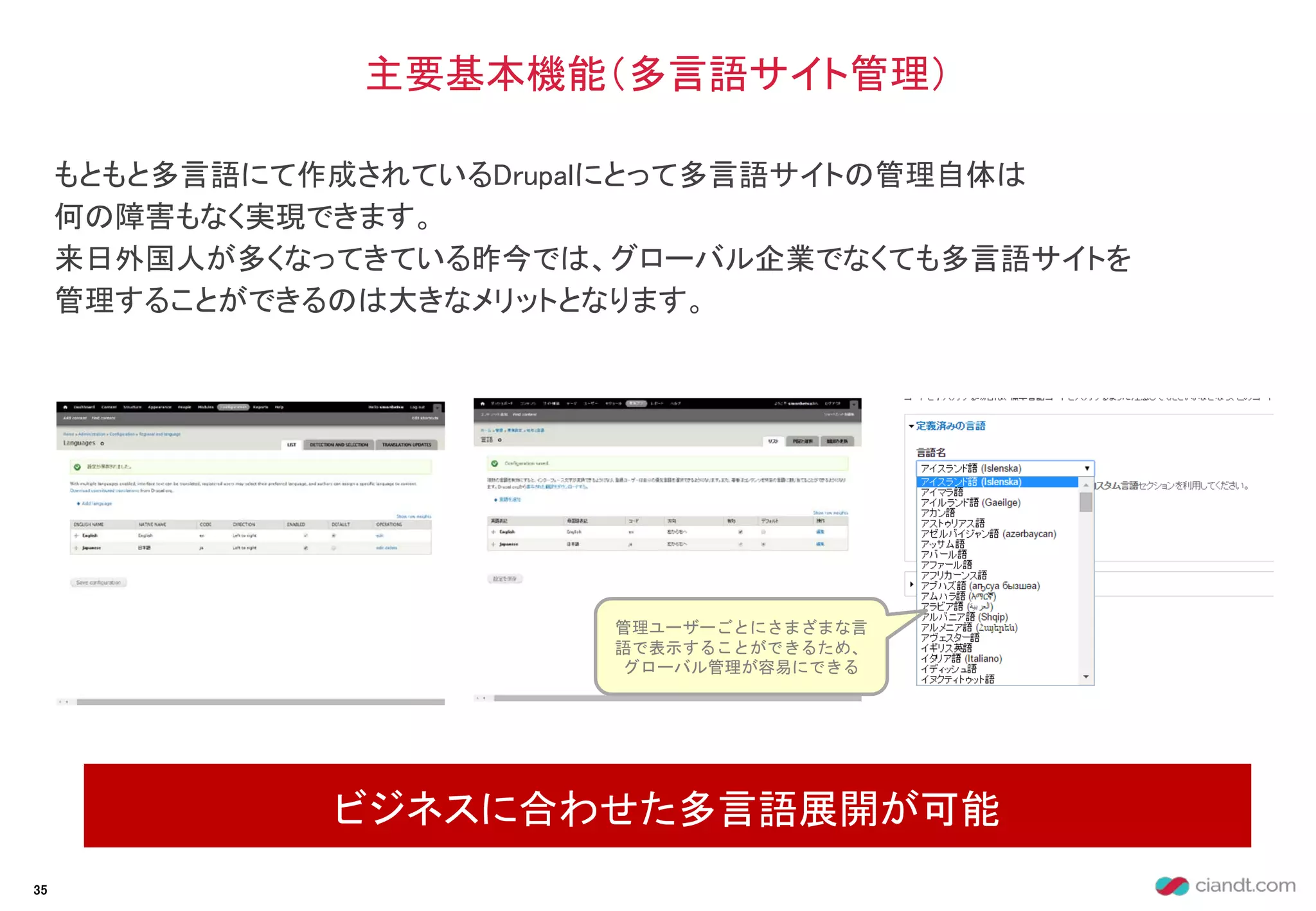 もともと多言語にて作成されているDrupalにとって多言語サイトの管理自体は
何の障害もなく実現できます。
来日外国人が多くなってきている昨今では、グローバル企業でなくても多言語サイトを
管理することができるのは大きなメリットとなります。
主要基本機能（多言語サイト管理）
ビジネスに合わせた多言語展開が可能
35
管理ユーザーごとにさまざまな言
語で表示することができるため、
グローバル管理が容易にできる
 