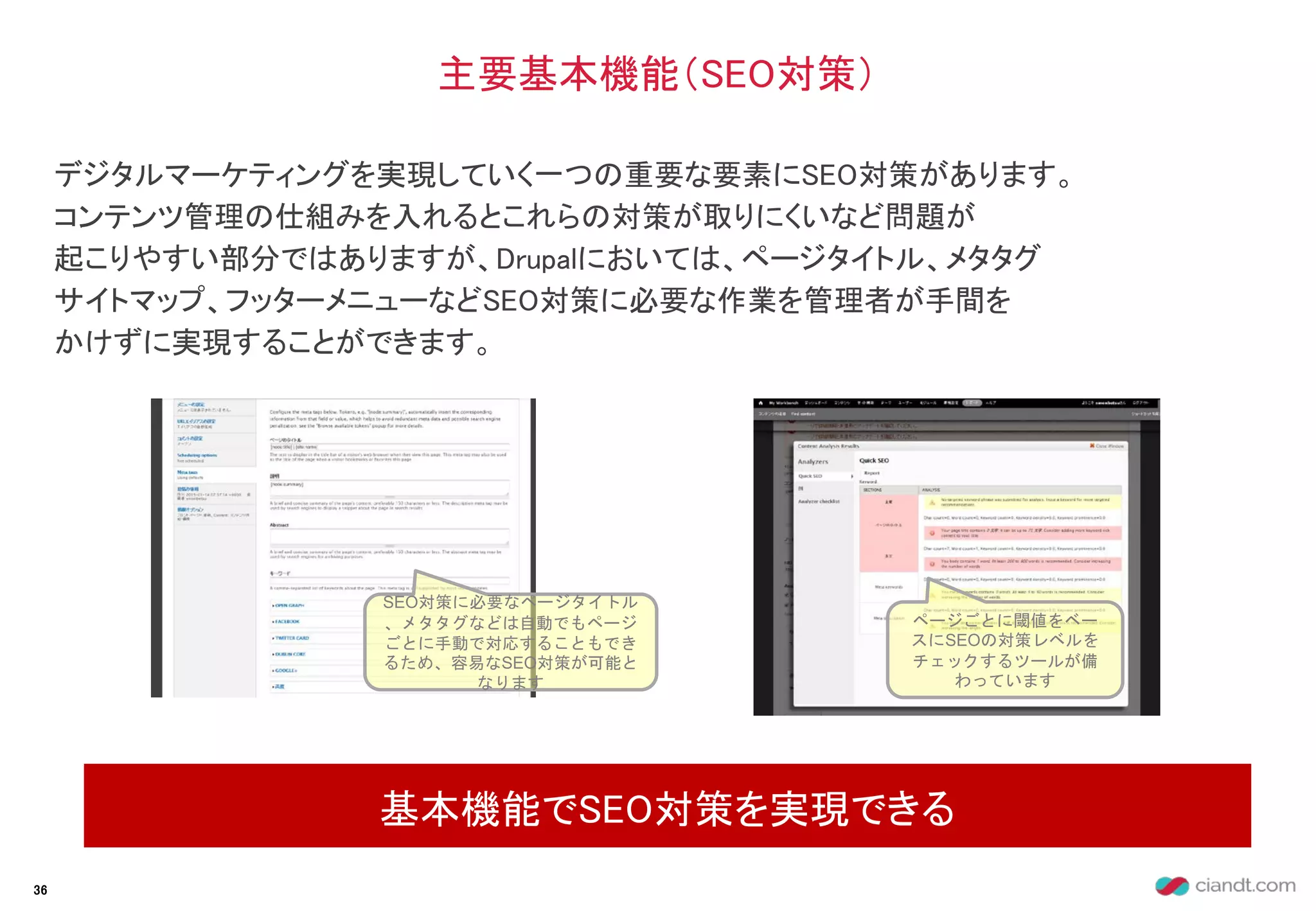 デジタルマーケティングを実現していく一つの重要な要素にSEO対策があります。
コンテンツ管理の仕組みを入れるとこれらの対策が取りにくいなど問題が
起こりやすい部分ではありますが、Drupalにおいては、ページタイトル、メタタグ
サイトマップ、フッターメニューなどSEO対策に必要な作業を管理者が手間を
かけずに実現することができます。
主要基本機能（SEO対策）
基本機能でSEO対策を実現できる
36
SEO対策に必要なページタイトル
、メタタグなどは自動でもページ
ごとに手動で対応することもでき
るため、容易なSEO対策が可能と
なります
ページごとに閾値をベー
スにSEOの対策レベルを
チェックするツールが備
わっています
 