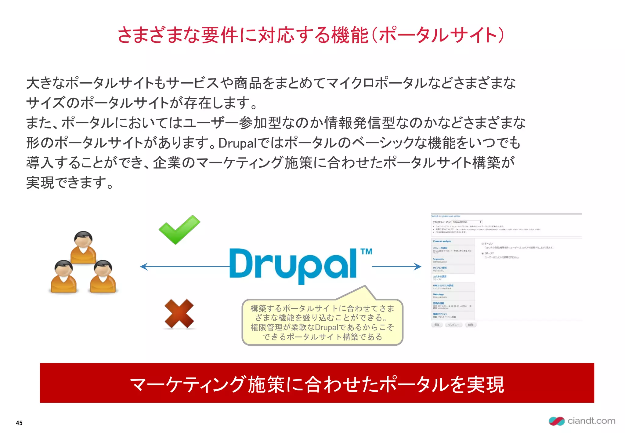 大きなポータルサイトもサービスや商品をまとめてマイクロポータルなどさまざまな
サイズのポータルサイトが存在します。
また、ポータルにおいてはユーザー参加型なのか情報発信型なのかなどさまざまな
形のポータルサイトがあります。Drupalではポータルのベーシックな機能をいつでも
導入することができ、企業のマーケティング施策に合わせたポータルサイト構築が
実現できます。
さまざまな要件に対応する機能（ポータルサイト）
マーケティング施策に合わせたポータルを実現
45
構築するポータルサイトに合わせてさま
ざまな機能を盛り込むことができる。
権限管理が柔軟なDrupalであるからこそ
できるポータルサイト構築である
 