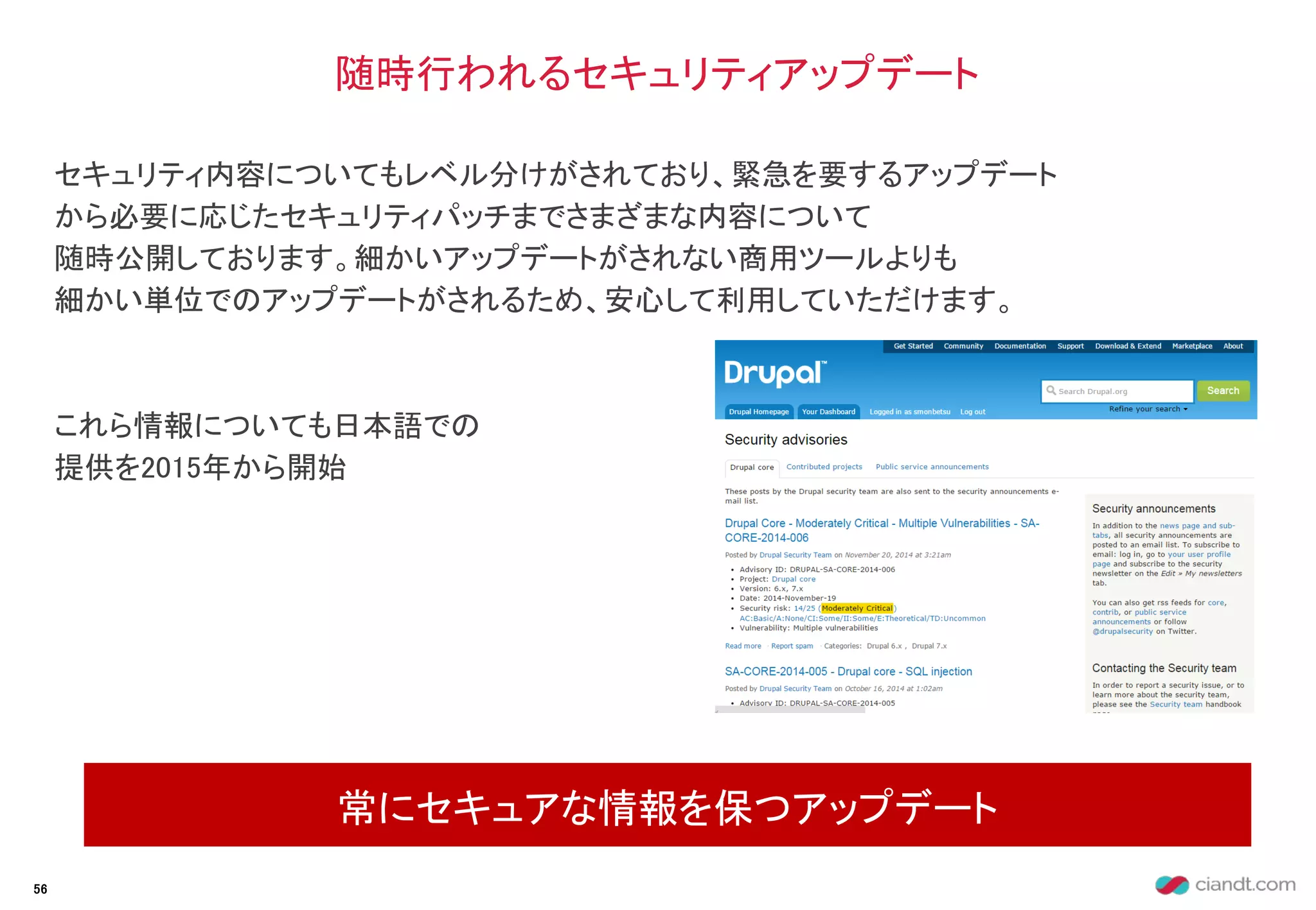 セキュリティ内容についてもレベル分けがされており、緊急を要するアップデート
から必要に応じたセキュリティパッチまでさまざまな内容について
随時公開しております。細かいアップデートがされない商用ツールよりも
細かい単位でのアップデートがされるため、安心して利用していただけます。
これら情報についても日本語での
提供を2015年から開始
随時行われるセキュリティアップデート
常にセキュアな情報を保つアップデート
56
 