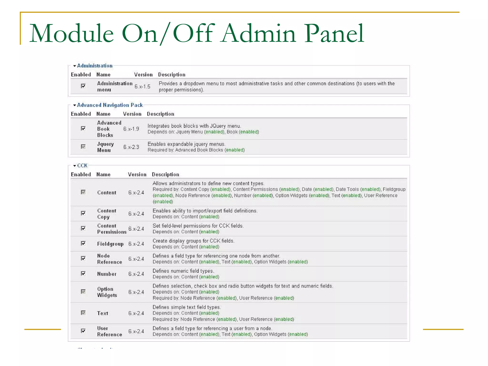 Module On/Off Admin Panel 