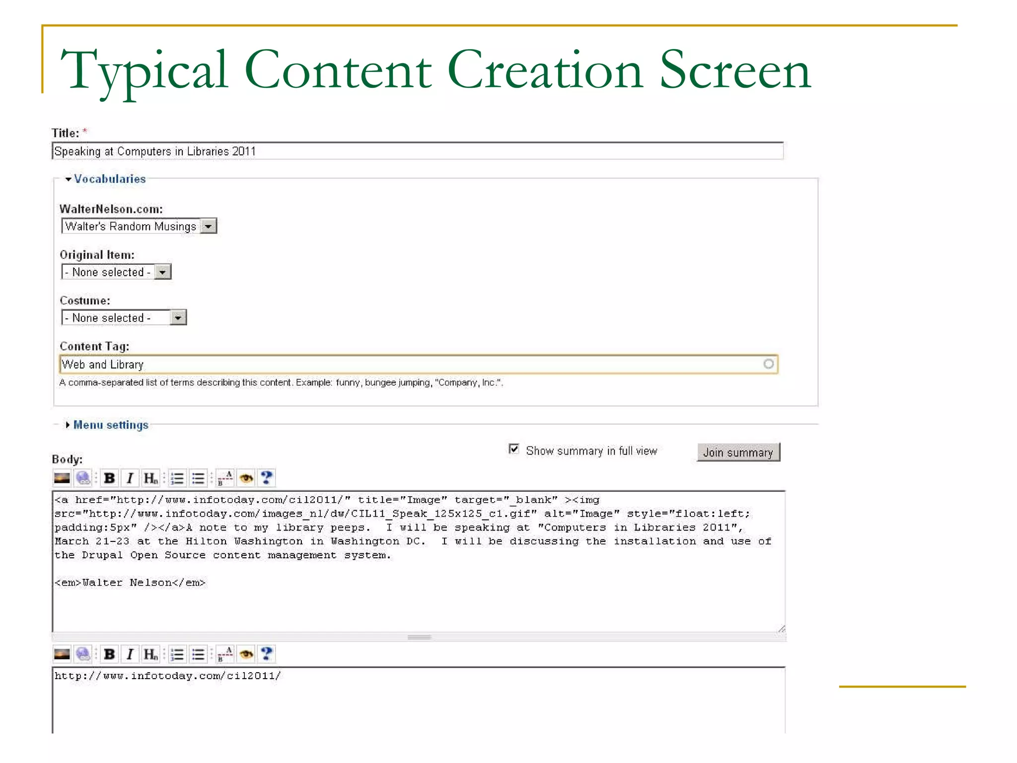 Typical Content Creation Screen 