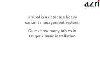 Drupal is a database heavy
content management system.
Guess how many tables in
Drupal7 basic installation
 