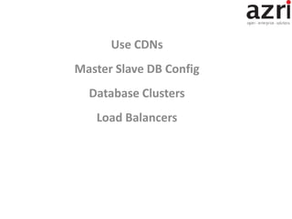 Use CDNs
Master Slave DB Config
Database Clusters
Load Balancers
 