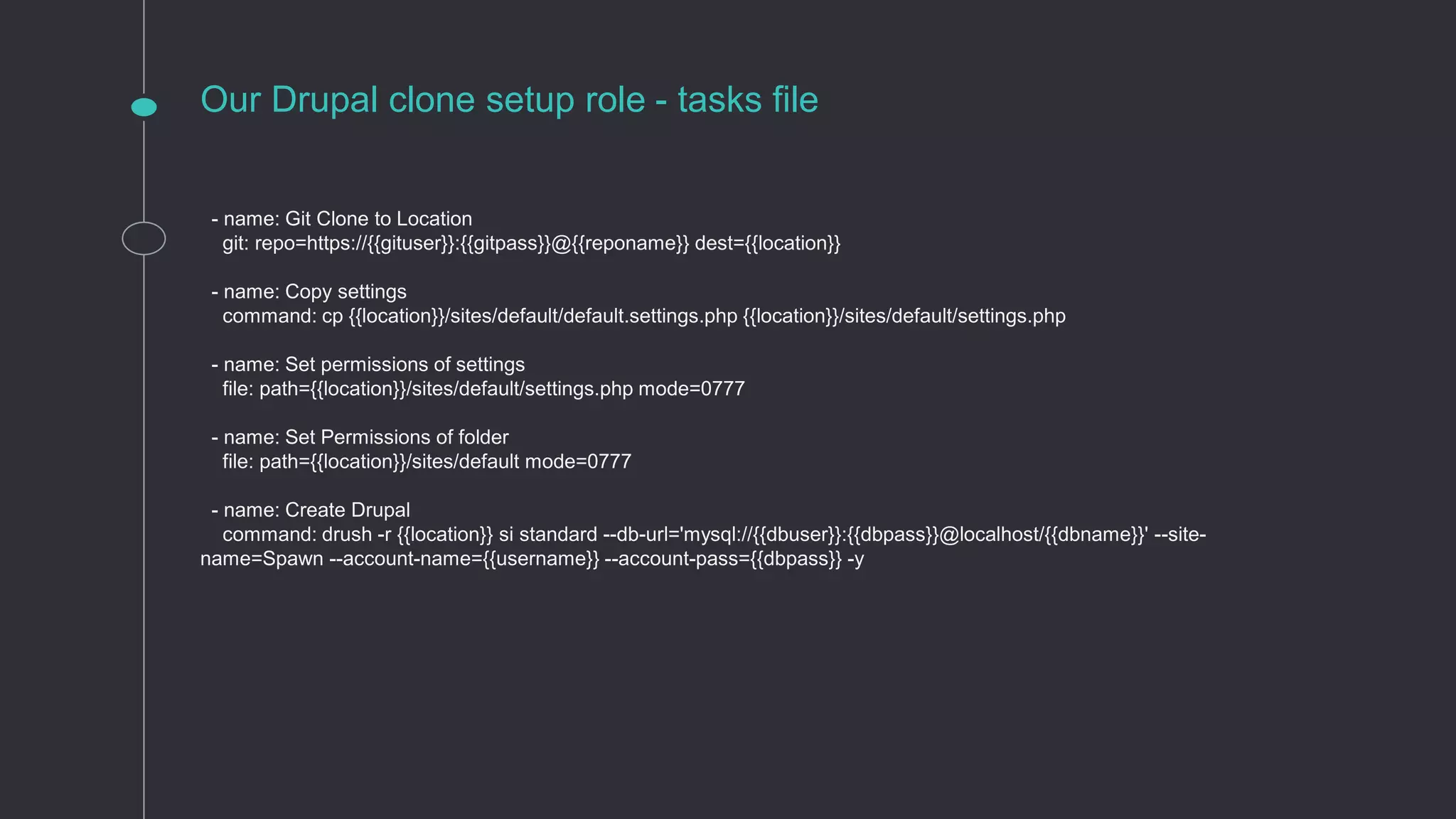 Our Drupal clone setup role - tasks file
- name: Git Clone to Location
git: repo=https://{{gituser}}:{{gitpass}}@{{reponame}} dest={{location}}
- name: Copy settings
command: cp {{location}}/sites/default/default.settings.php {{location}}/sites/default/settings.php
- name: Set permissions of settings
file: path={{location}}/sites/default/settings.php mode=0777
- name: Set Permissions of folder
file: path={{location}}/sites/default mode=0777
- name: Create Drupal
command: drush -r {{location}} si standard --db-url='mysql://{{dbuser}}:{{dbpass}}@localhost/{{dbname}}' --site-
name=Spawn --account-name={{username}} --account-pass={{dbpass}} -y
 