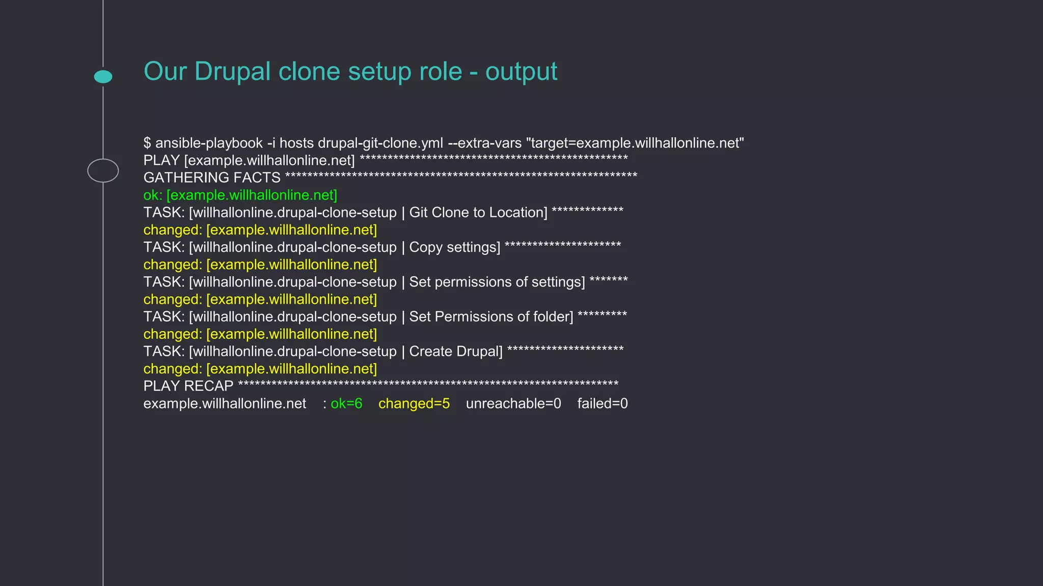 Our Drupal clone setup role - output
$ ansible-playbook -i hosts drupal-git-clone.yml --extra-vars "target=example.willhallonline.net"
PLAY [example.willhallonline.net] ************************************************
GATHERING FACTS ***************************************************************
ok: [example.willhallonline.net]
TASK: [willhallonline.drupal-clone-setup | Git Clone to Location] *************
changed: [example.willhallonline.net]
TASK: [willhallonline.drupal-clone-setup | Copy settings] *********************
changed: [example.willhallonline.net]
TASK: [willhallonline.drupal-clone-setup | Set permissions of settings] *******
changed: [example.willhallonline.net]
TASK: [willhallonline.drupal-clone-setup | Set Permissions of folder] *********
changed: [example.willhallonline.net]
TASK: [willhallonline.drupal-clone-setup | Create Drupal] *********************
changed: [example.willhallonline.net]
PLAY RECAP ********************************************************************
example.willhallonline.net : ok=6 changed=5 unreachable=0 failed=0
 