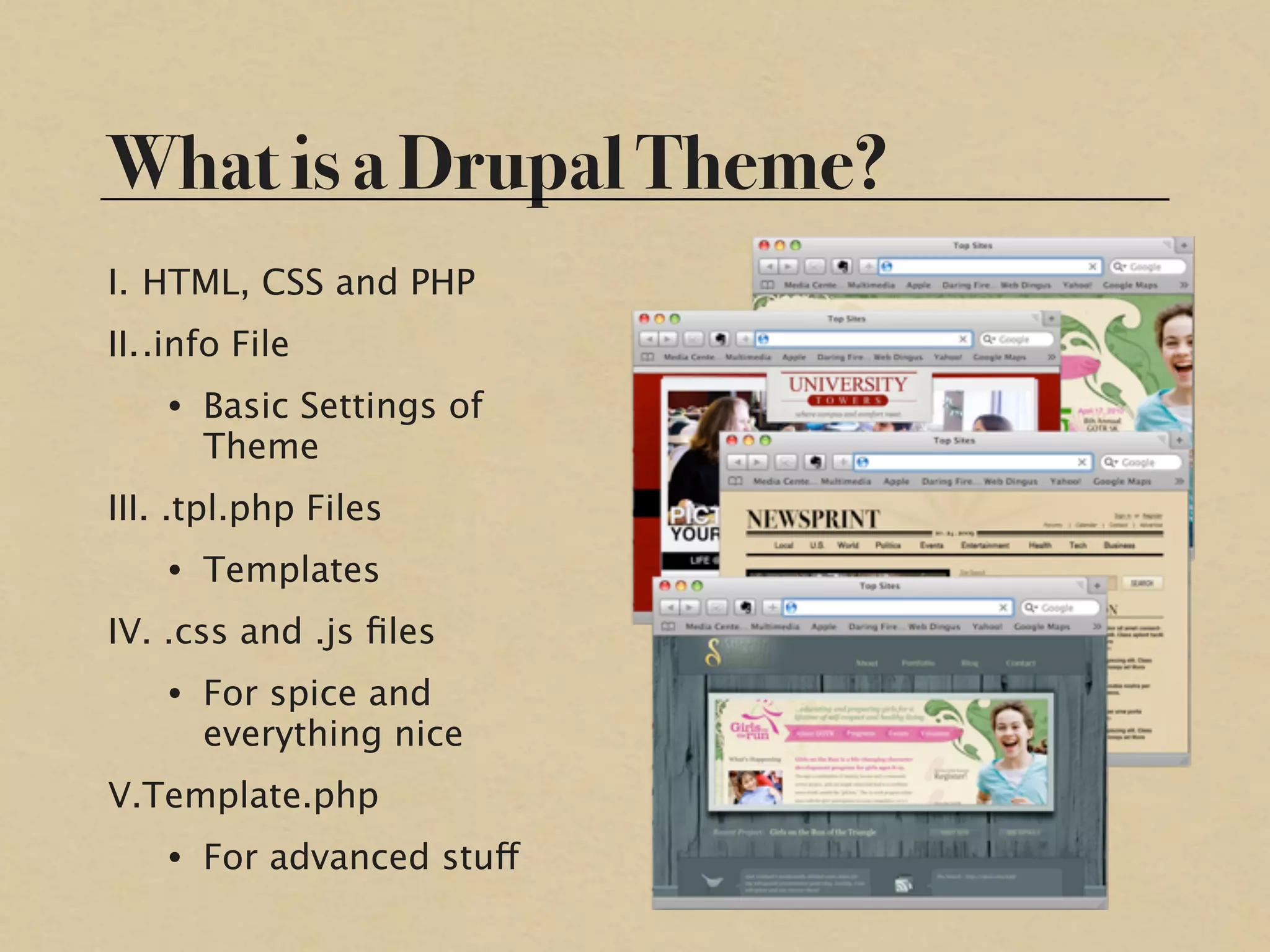 What is a Drupal Theme?
I. HTML, CSS and PHP
II..info File
    • Basic Settings of
      Theme
III. .tpl.php Files
    • Templates
IV. .css and .js ﬁles
    • For spice and
      everything nice
V.Template.php
    • For advanced stuff
 